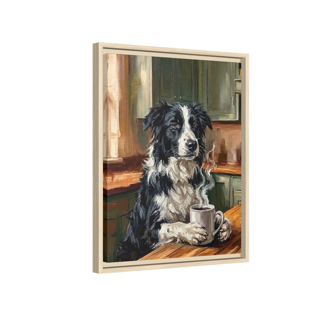 "Before Coffee" - Border Collie Vertical Framed Canvas - Dog Lover Wall Art