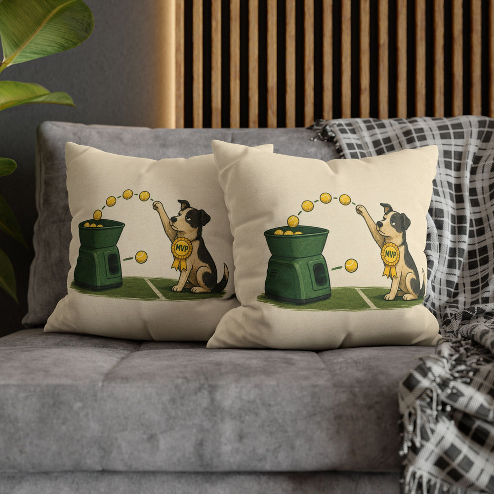 Ball Machine – Tennis Wall Art with a Dog Outpacing the Feeder – Pillow / Cover