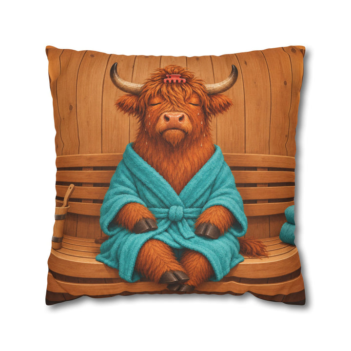 Steam Room – Highland Cow Art in a Sauna Towel – Pillow / Cover