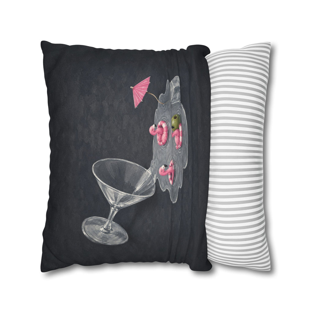 Happy Hour – Cocktail Wall Art with a Tipped Glass and Flamingos – Pillow / Cover
