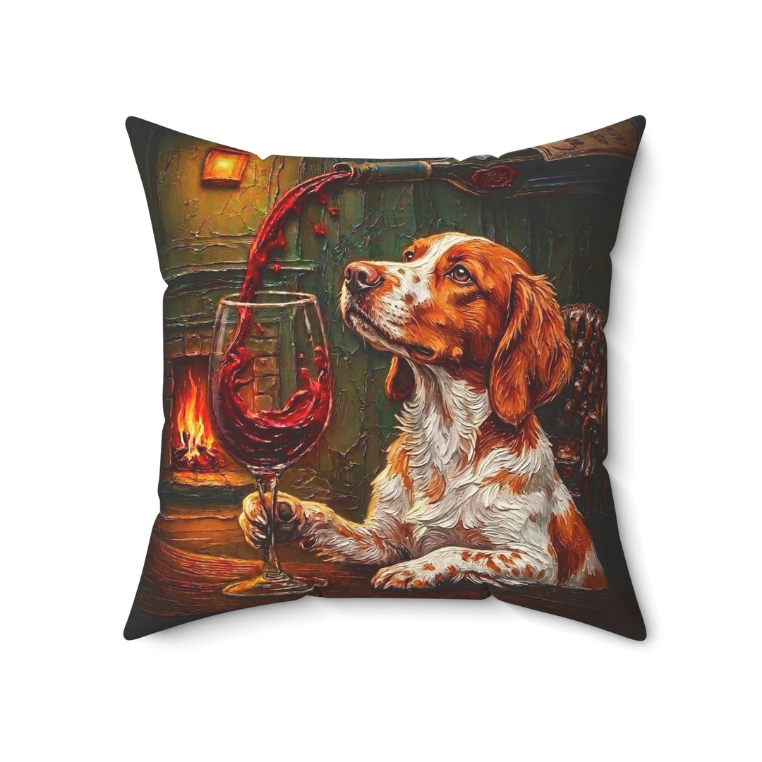 "Wine & Woof" - Brittany Spaniel Throw Pillow - Dog Lover Home Decor
