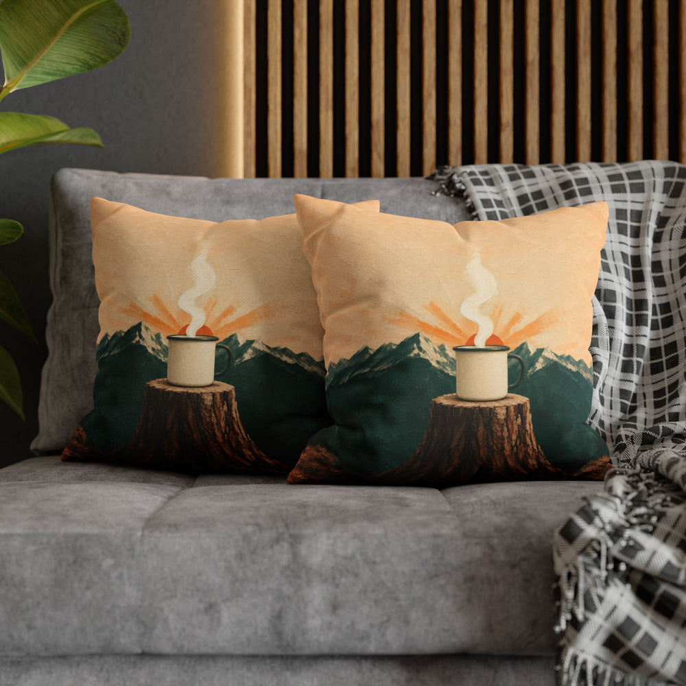 Enamel Mug Sunrise – Mountain Wall Art with a Steaming Cup on a Log – Pillow / Cover