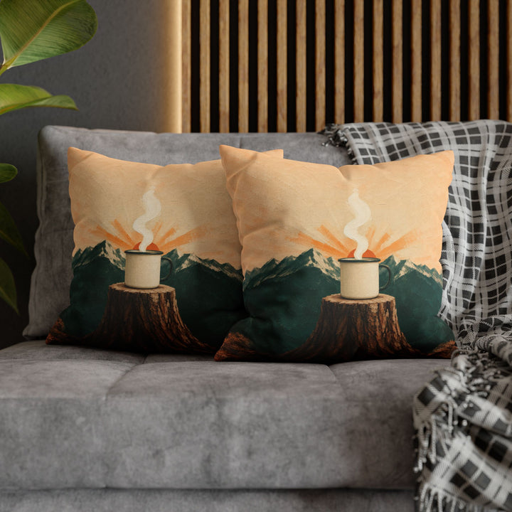 Enamel Mug Sunrise – Mountain Wall Art with a Steaming Cup on a Log – Pillow / Cover