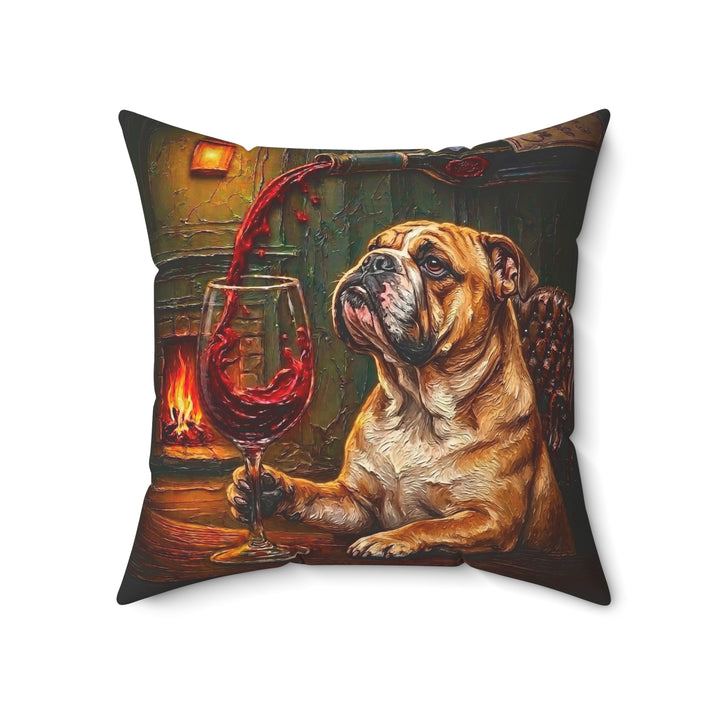 "Wine & Woof" - English Bulldog Throw Pillow - Dog Lover Home Decor