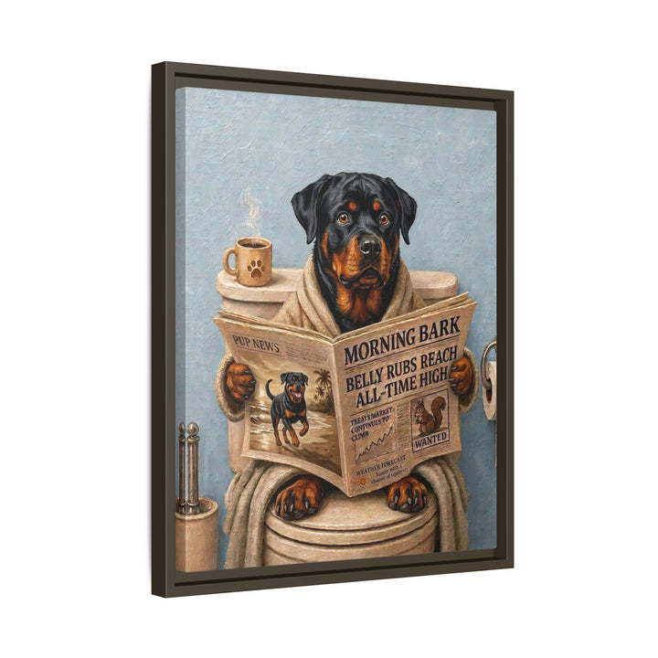 "Morning Business" - Rottweiler Vertical Framed Canvas - Dog Lover Wall Art