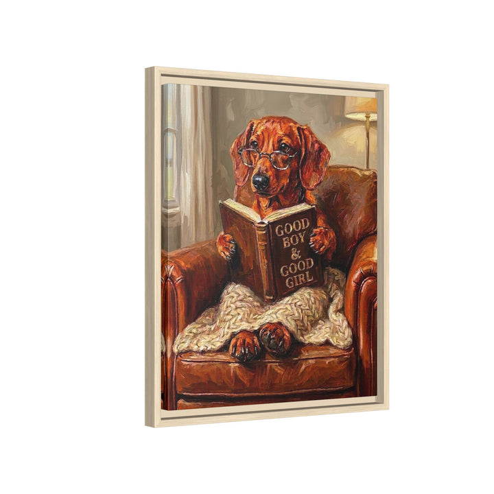"Evening Read" - Dachshund Vertical Framed Canvas - Dog Lover Wall Art
