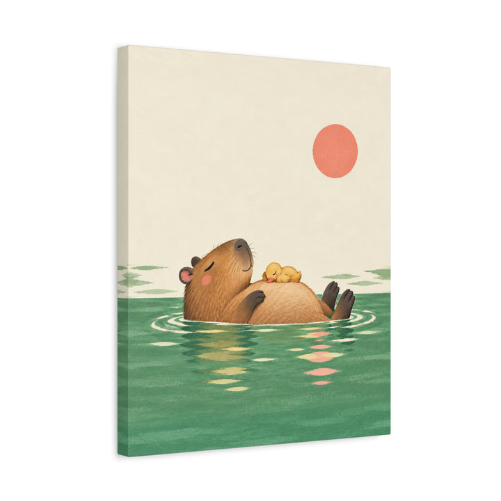 Pool Day – Capybara Wall Art with a Floating Duckling Nap – Canvas / Framed Canvas