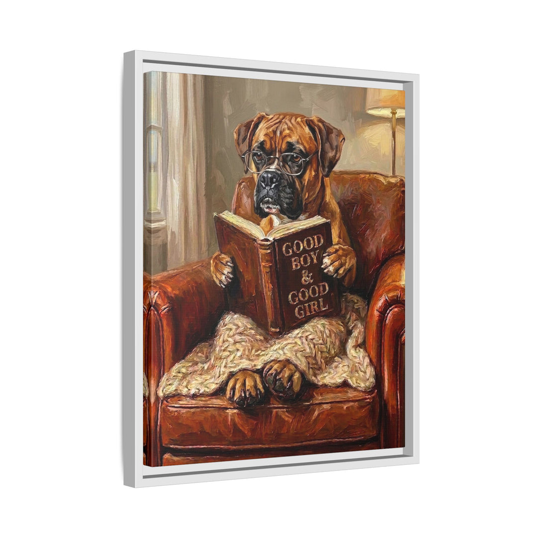 "Evening Read" - Boxer Vertical Framed Canvas - Dog Lover Wall Art