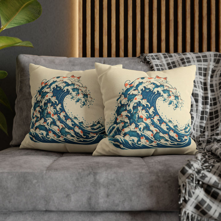 The Great Wave of Fur – Whimsical Wall Art with a Woodblock Swell of Cats – Pillow / Cover