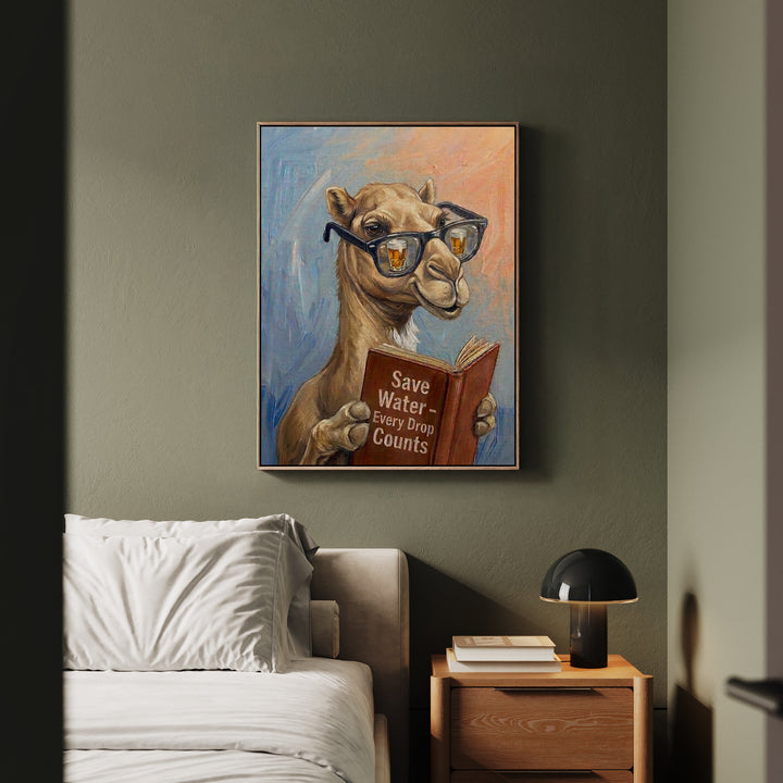 "Save Water" - Camel Vertical Framed Canvas - Animal Book Humor Wall Art