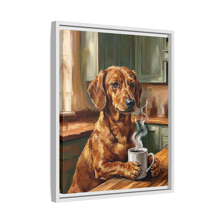 "Before Coffee" - Dachshund Vertical Framed Canvas - Dog Lover Wall Art