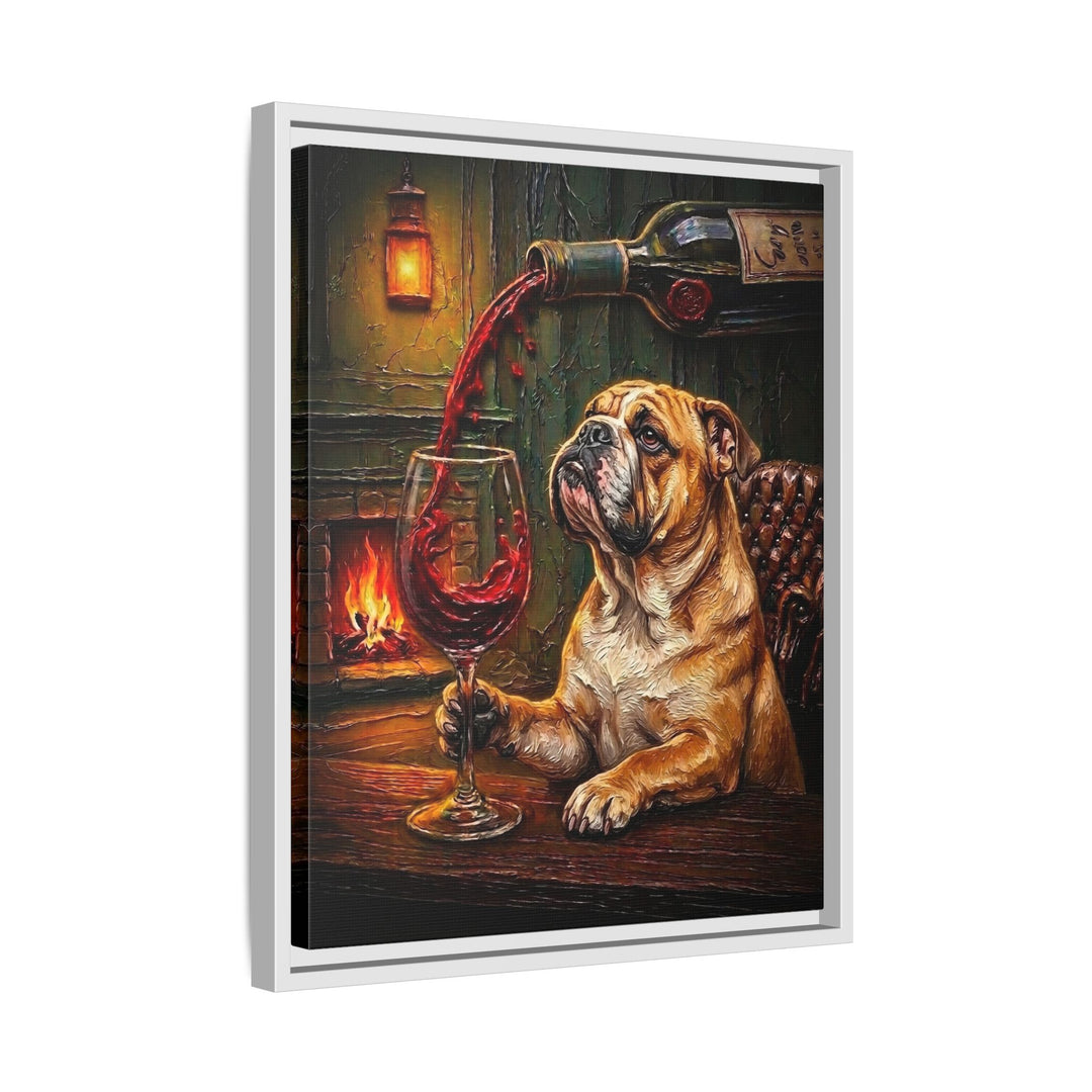 "Wine & Woof" - English Bulldog Vertical Framed Canvas - Dog Lover Wall Art