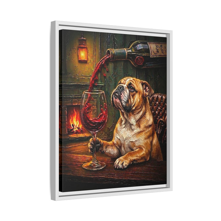 "Wine & Woof" - English Bulldog Vertical Framed Canvas - Dog Lover Wall Art