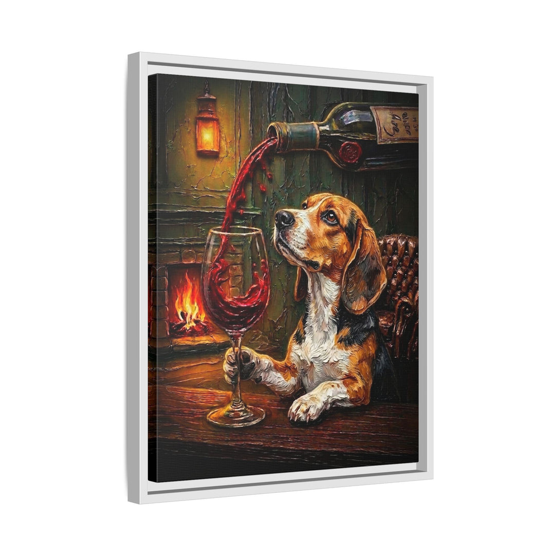 "Wine & Woof" - Beagle Vertical Framed Canvas - Dog Lover Wall Art