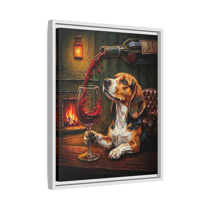 "Wine & Woof" - Beagle Vertical Framed Canvas - Dog Lover Wall Art