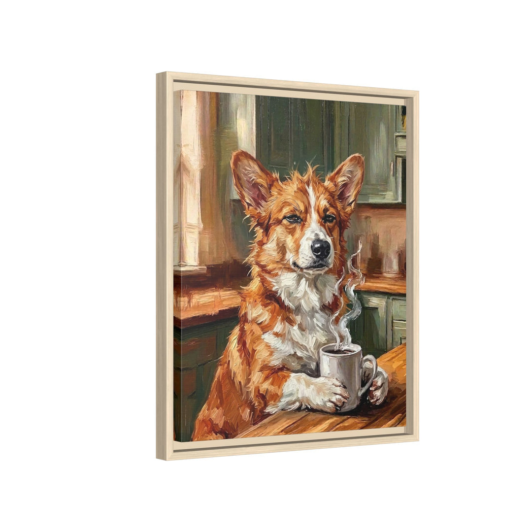 "Before Coffee" - Corgi Vertical Framed Canvas - Dog Lover Wall Art