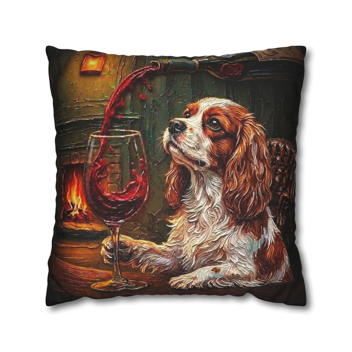 "Wine & Woof" - Cavalier King Charles Pillow Cover - Dog Lover Home Decor