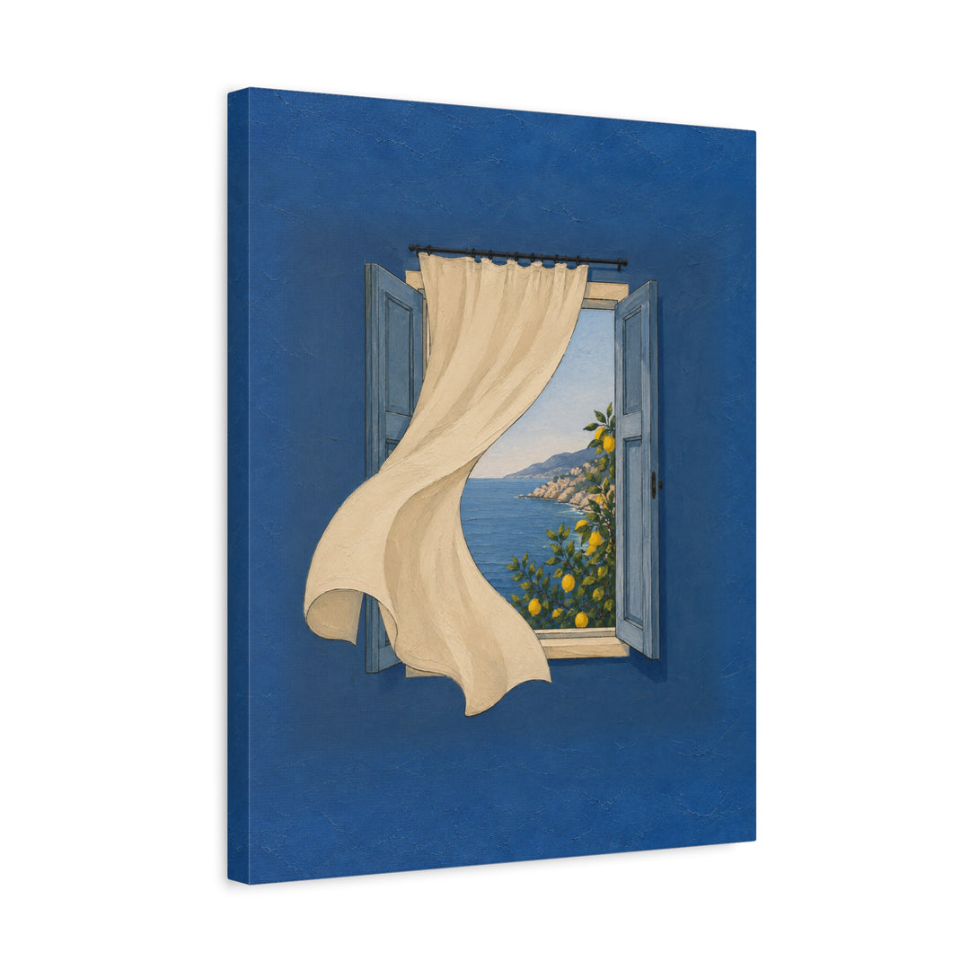 Open Window: Amalfi – Window Wall Art with a Curtain Onto Lemon Trees – Canvas / Framed Canvas