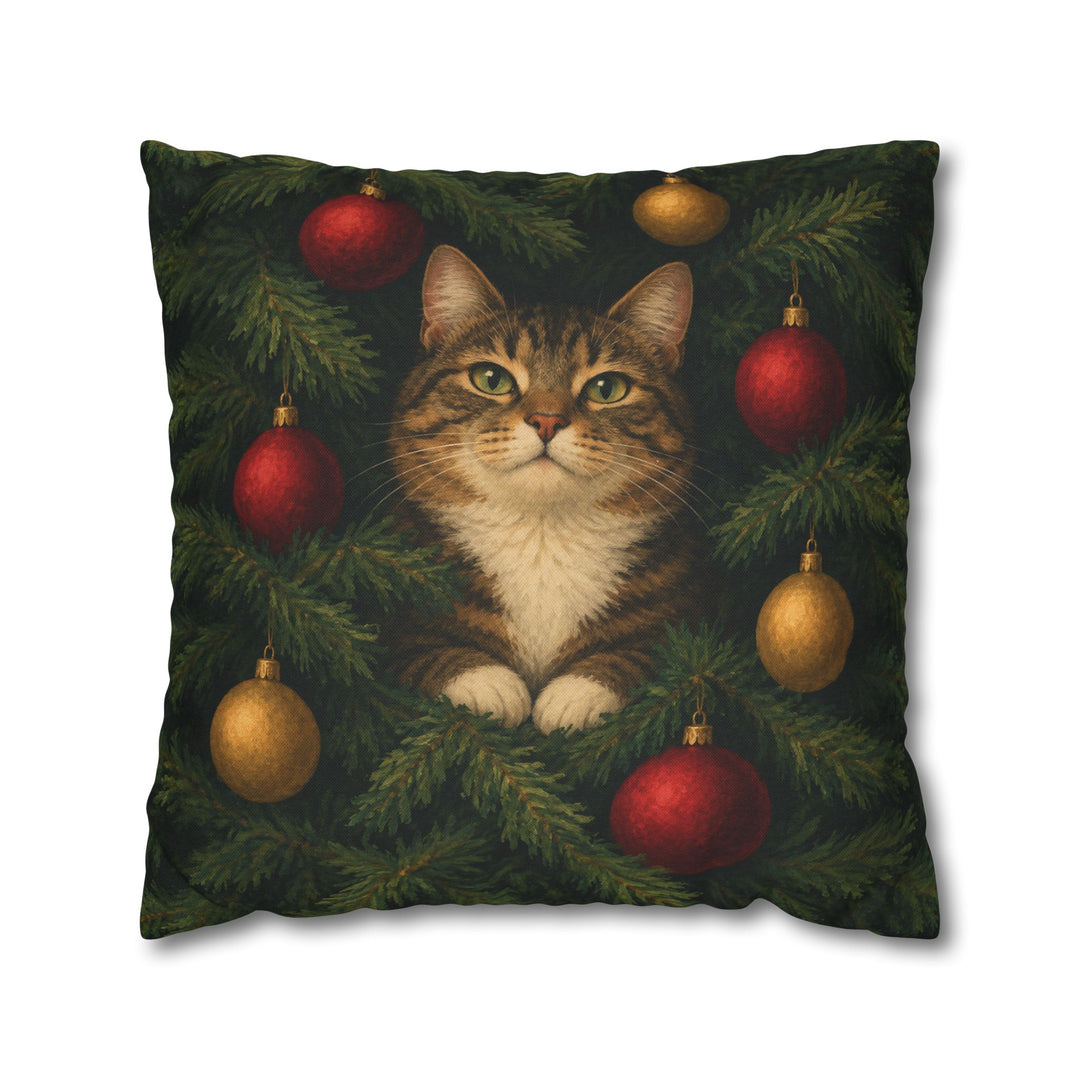 The Tree Inspector – Christmas Wall Art with a Cat Deep in the Branches – Pillow / Cover