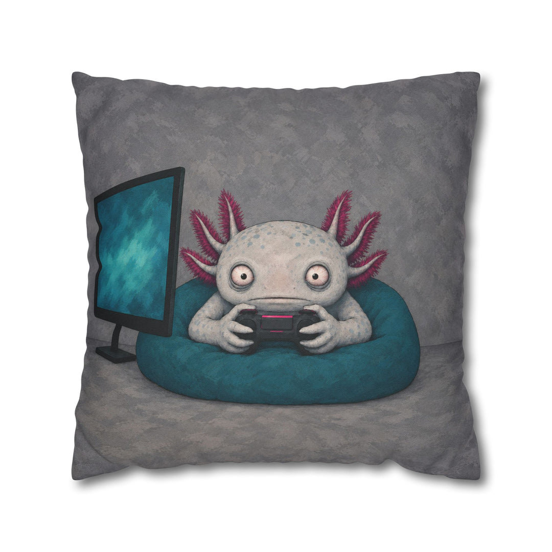 One More Level – Gaming Wall Art with an Axolotl in Monitor Glow – Pillow / Cover