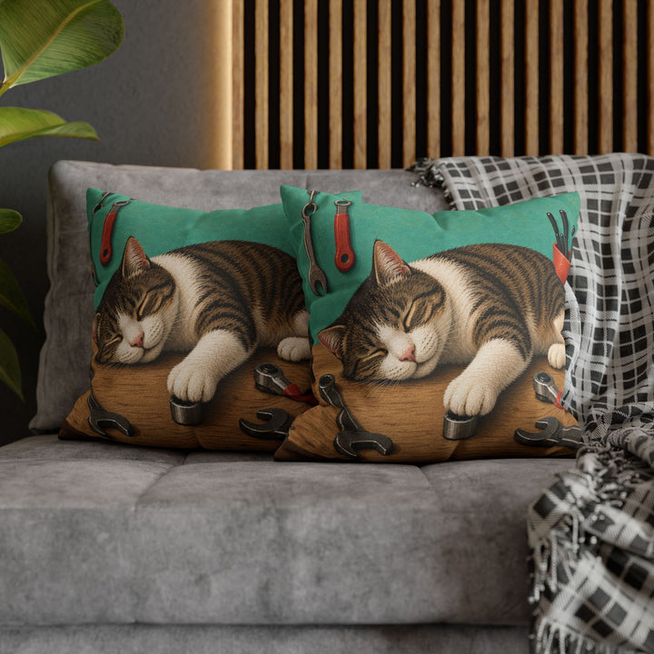 Shop Cat – Garage Wall Art with a Sleeper on the Workbench – Pillow / Cover