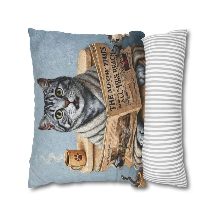 "Morning Business" - Grey Silver Tabby Throw Pillow - Cat Lover Home Decor