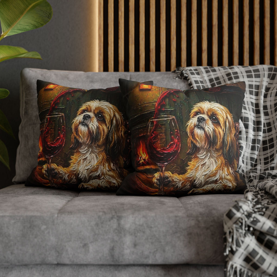 "Wine & Woof" - Shih Tzu Throw Pillow - Dog Lover Home Decor