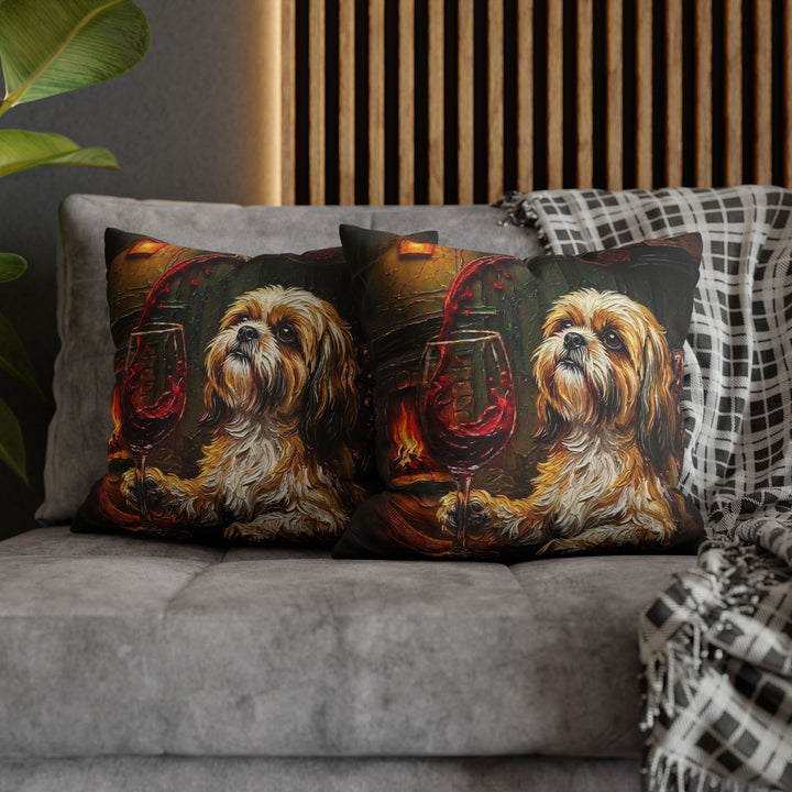 "Wine & Woof" - Shih Tzu Throw Pillow - Dog Lover Home Decor
