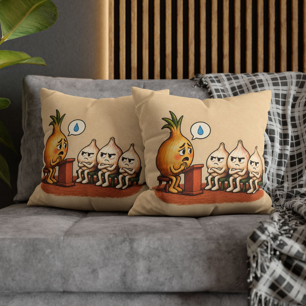 The Onion's Side of the Story – Funny Kitchen Art with a Podium and a Tearful Plea – Pillow / Cover