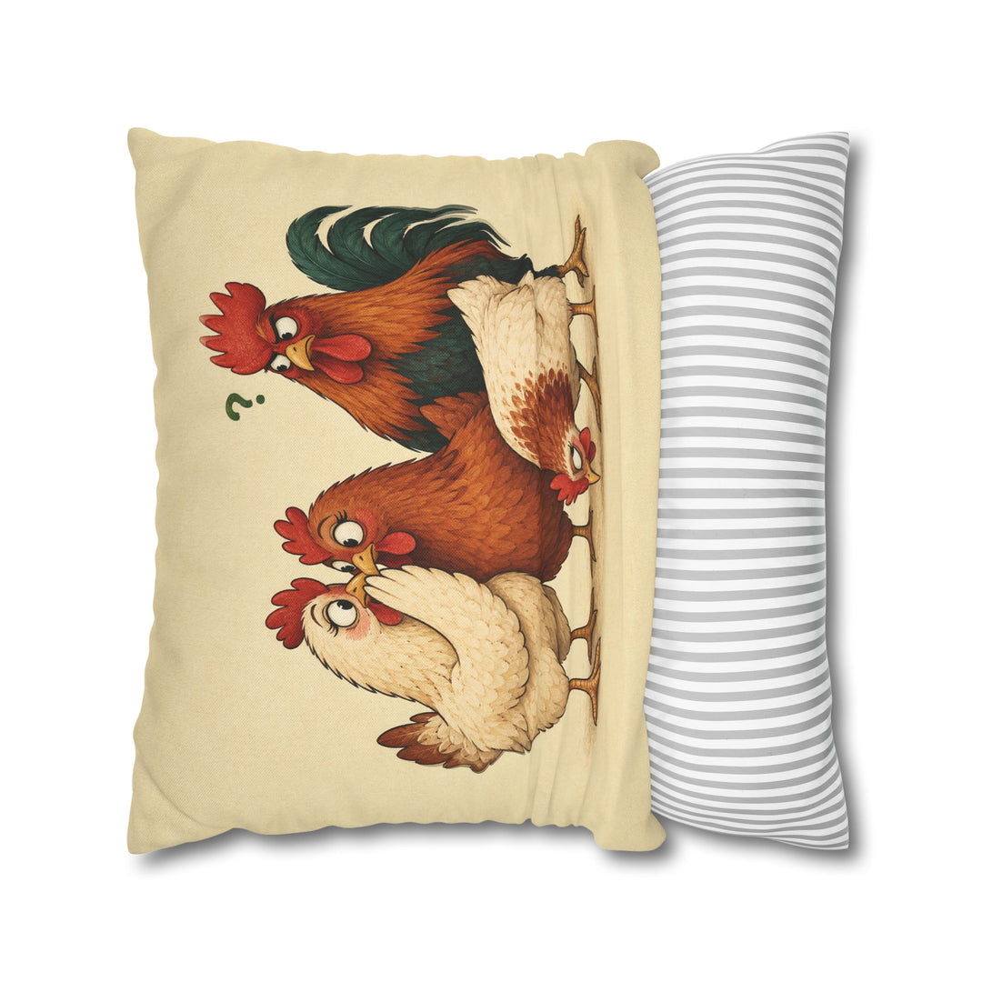 Coop Gossip – Chicken Wall Art with Two Hens and a Third Pretending – Pillow / Cover