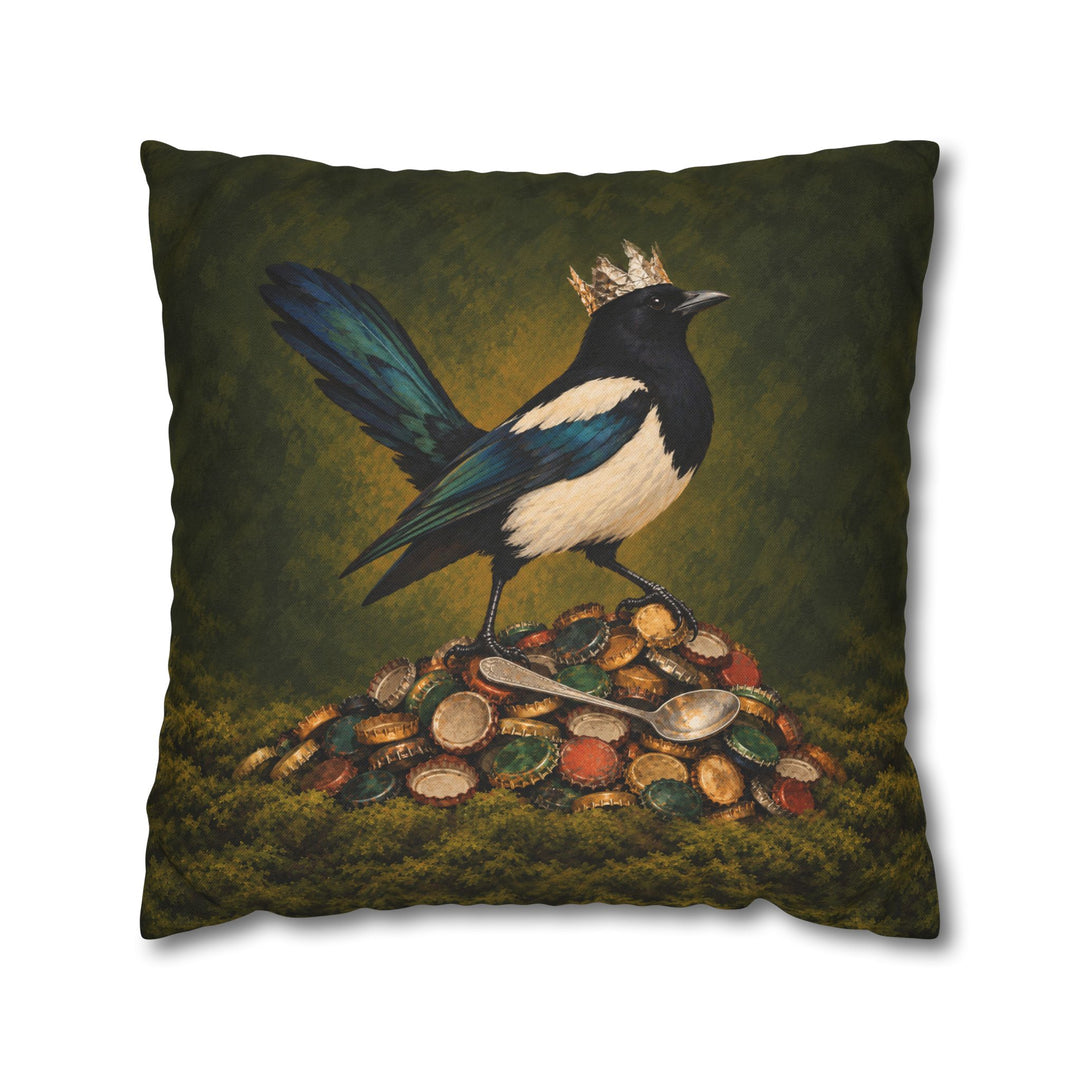 Shiny Thing Acquired – Magpie Art with a Hoard of Caps and One Gold Ring – Pillow / Cover