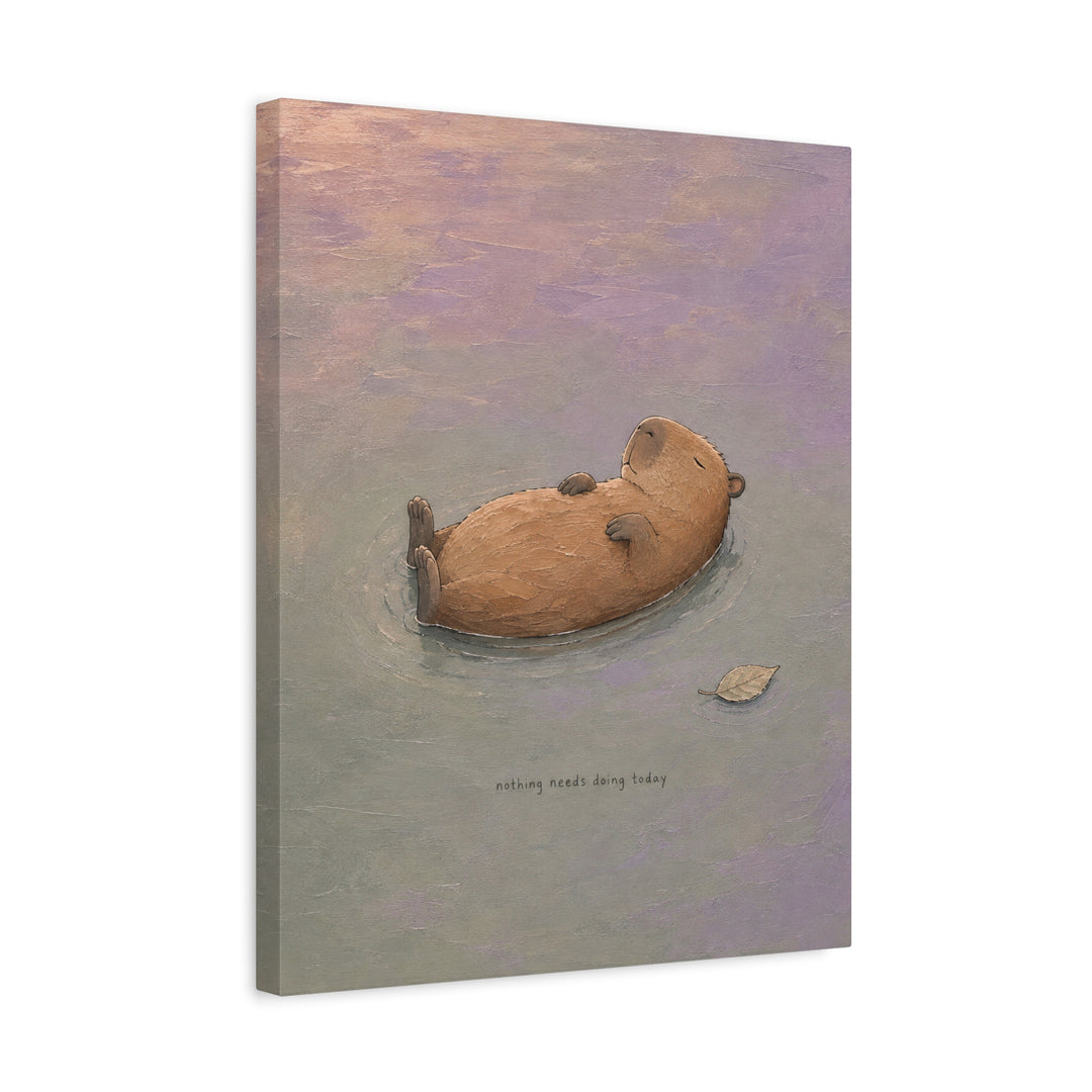 Nothing Needs Doing – Calming Wall Art with a Capybara Afloat at Dusk – Canvas / Framed Canvas