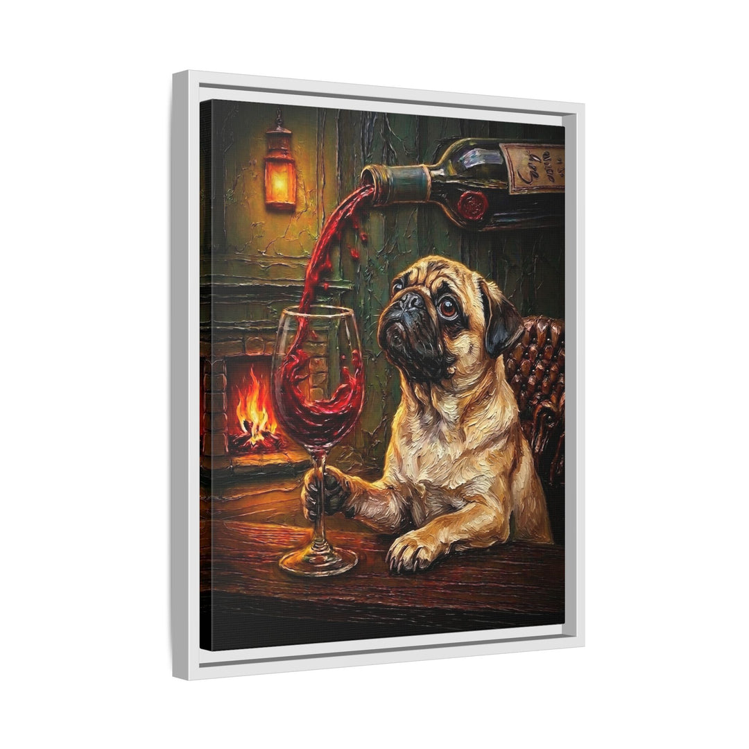 "Wine & Woof" - Pug Vertical Framed Canvas - Dog Lover Wall Art
