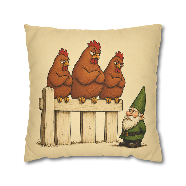 Hen Committee – Chicken Art with Three Hens Reviewing a Gnome – Pillow / Cover