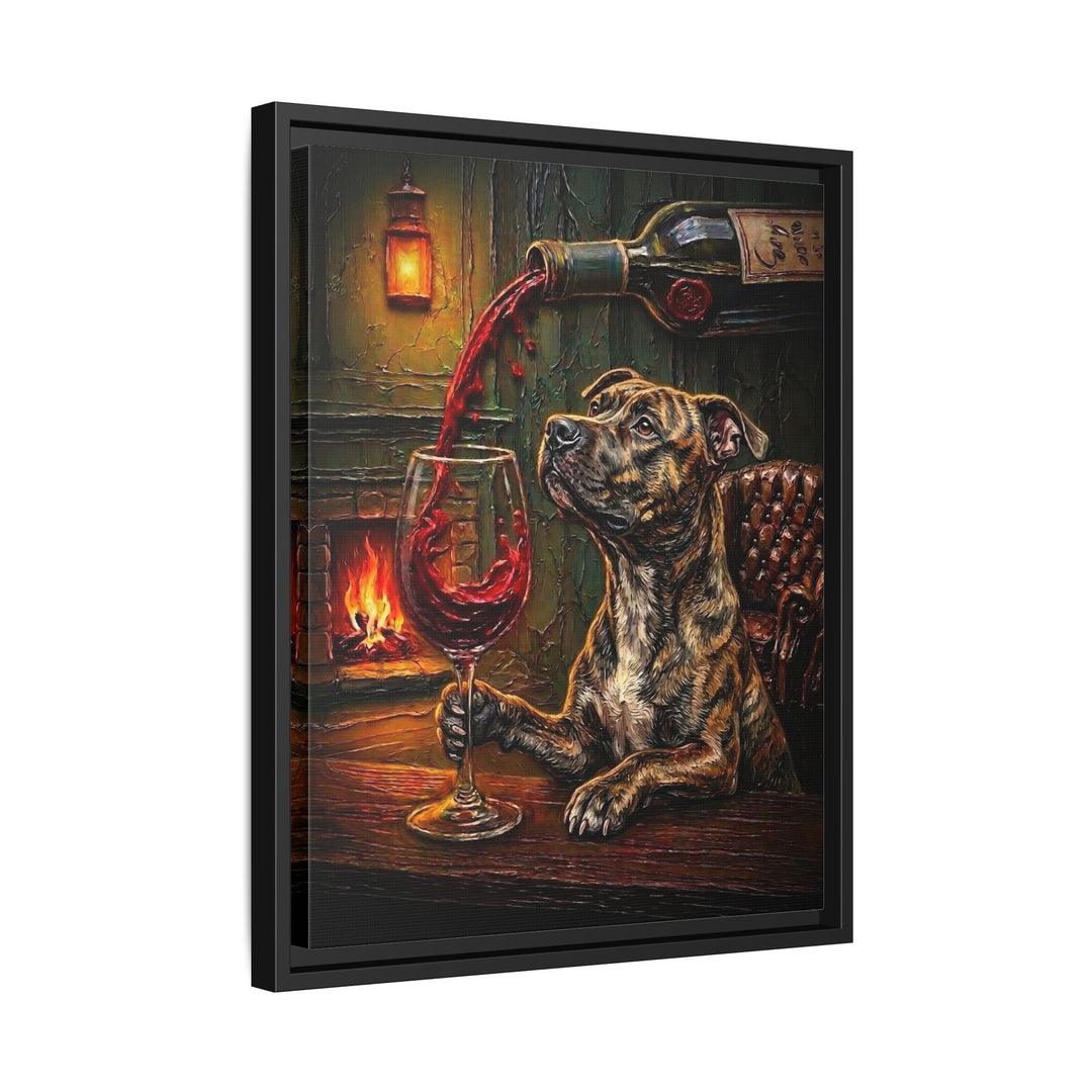 "Wine & Woof" - Pit Bull Vertical Framed Canvas - Dog Lover Wall Art