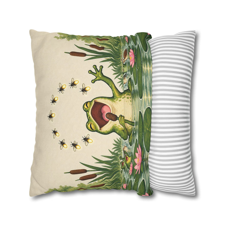 Pond Karaoke – Frog Art with a Reed Microphone and Fireflies – Pillow / Cover