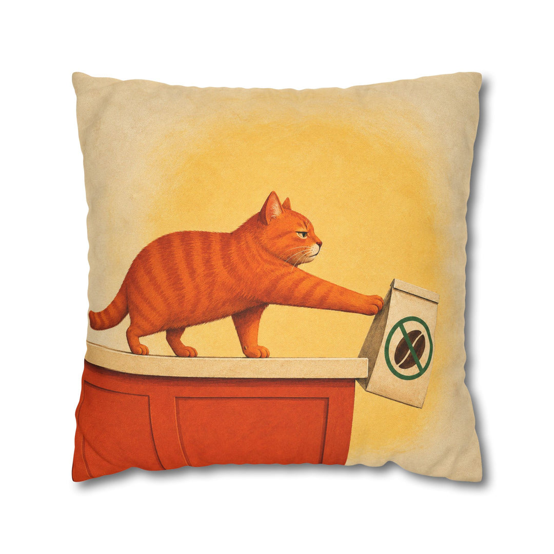 Decaf Doesn't Count – Coffee Wall Art with a Cat and a Doomed Coffee Bag – Pillow / Cover