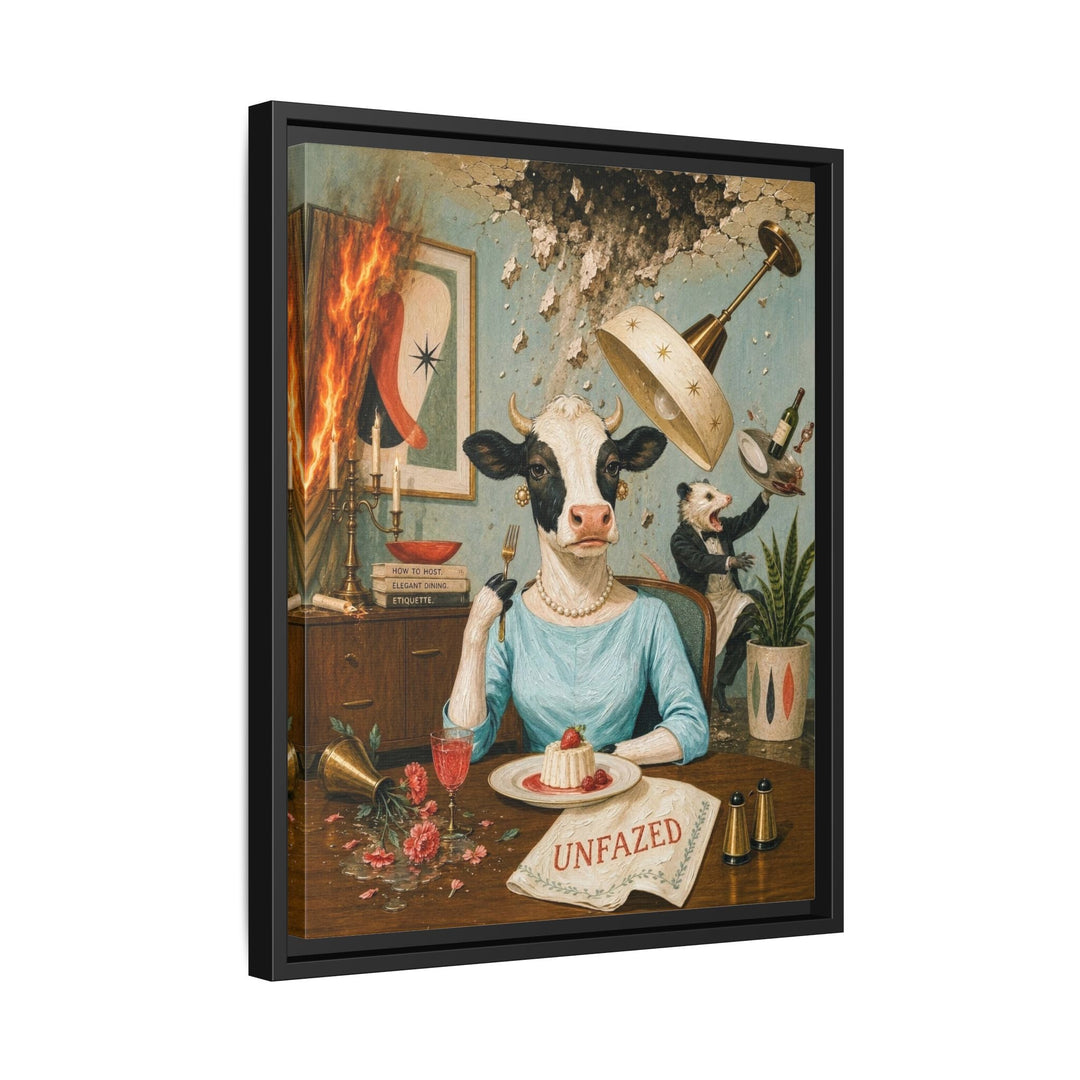 "Unfazed" - Cow Vertical Framed Canvas - Dark Burnout Humor Wall Art