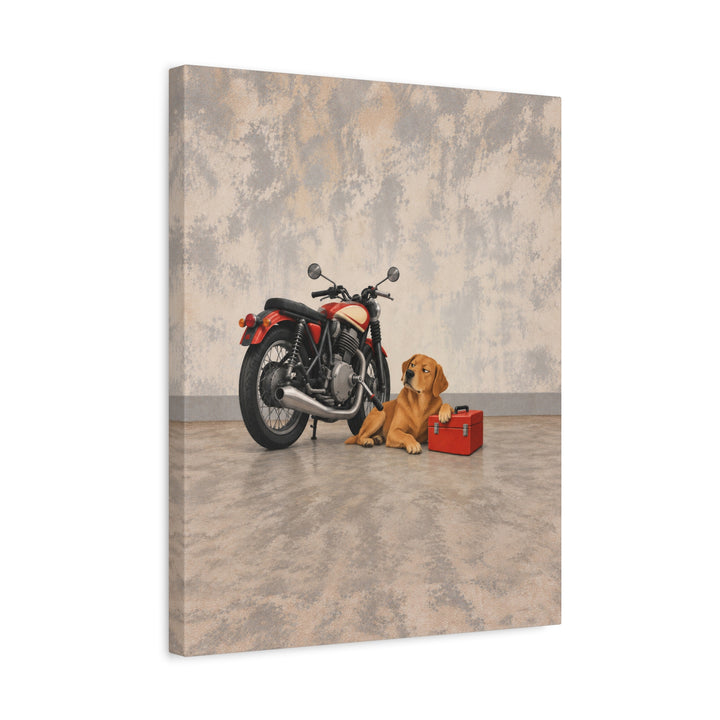 Garage Supervisor – Motorcycle Wall Art with a Dog Guarding the Bike – Canvas / Framed Canvas