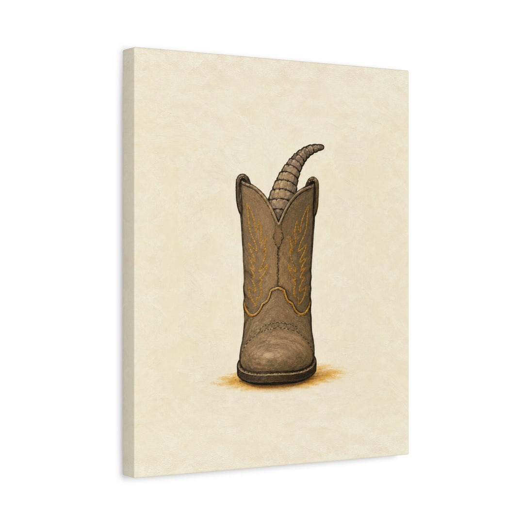 Boots & Paws – Cowboy Decor with an Armadillo Asleep in a Boot – Canvas / Framed Canvas