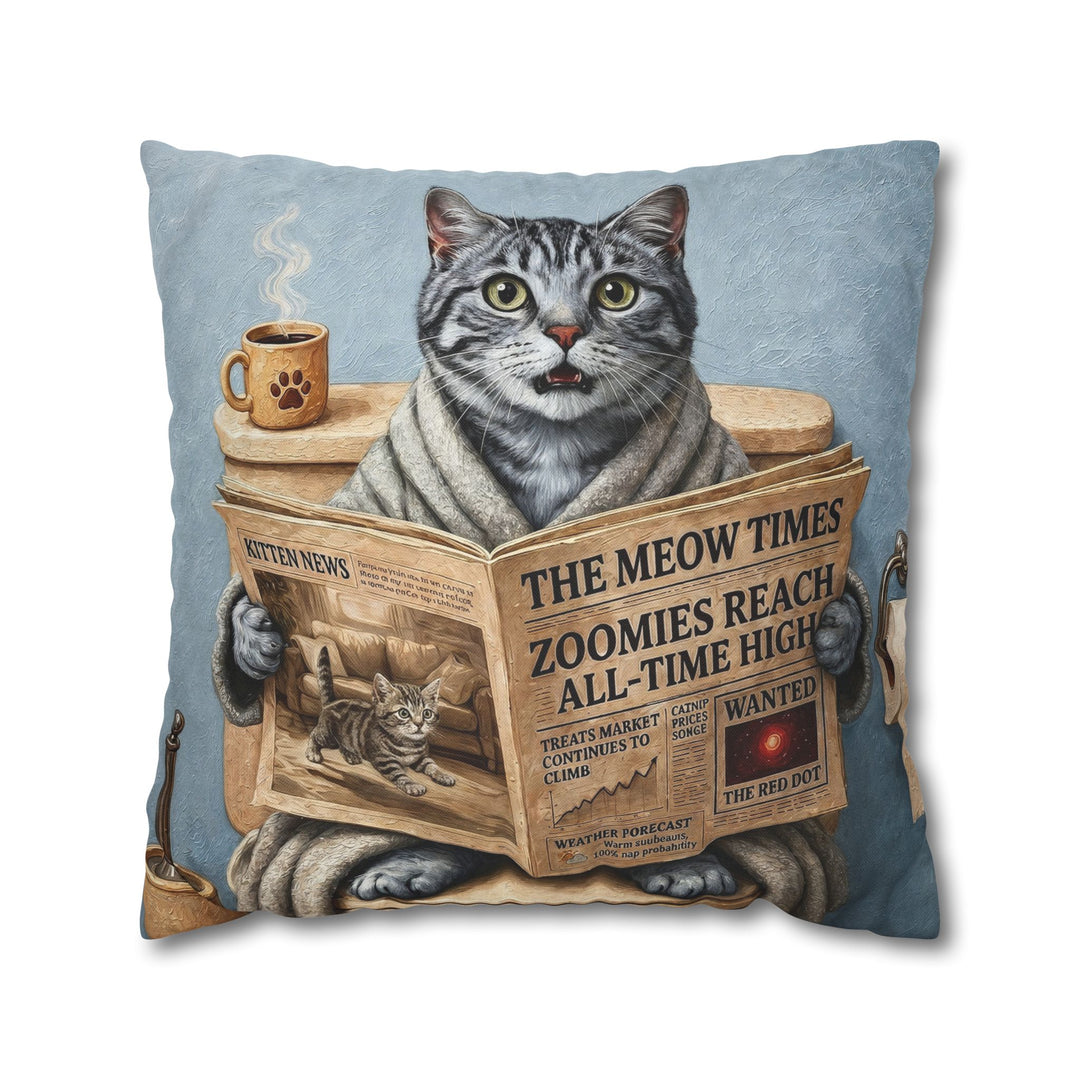 "Morning Business" - Grey Silver Tabby Throw Pillow - Cat Lover Home Decor