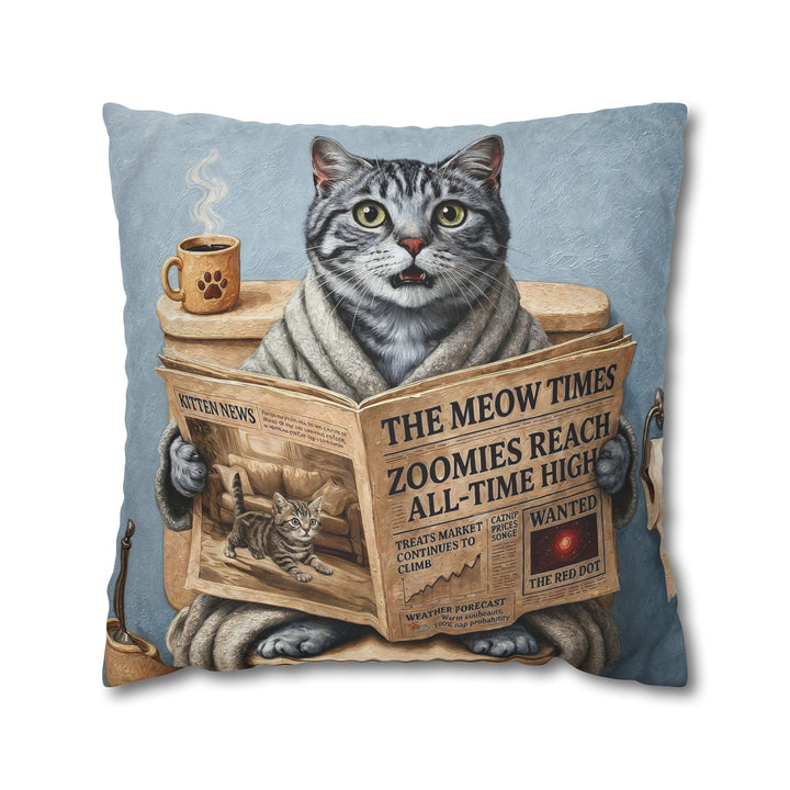 "Morning Business" - Grey Silver Tabby Throw Pillow - Cat Lover Home Decor