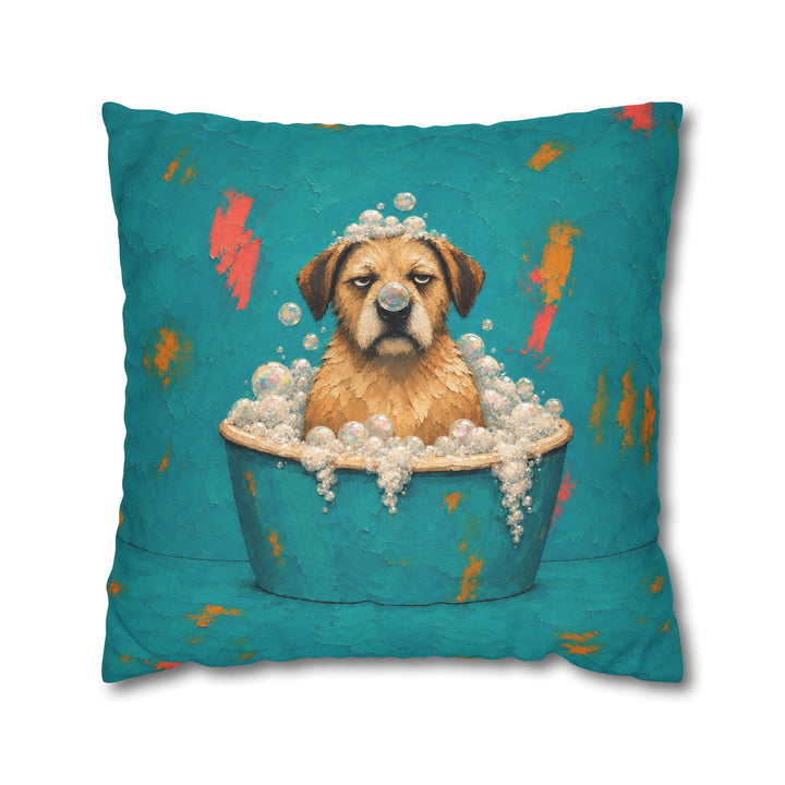 Bubble Trouble – Funny Bathroom Wall Art with a Soggy Dog in the Tub – Pillow / Cover