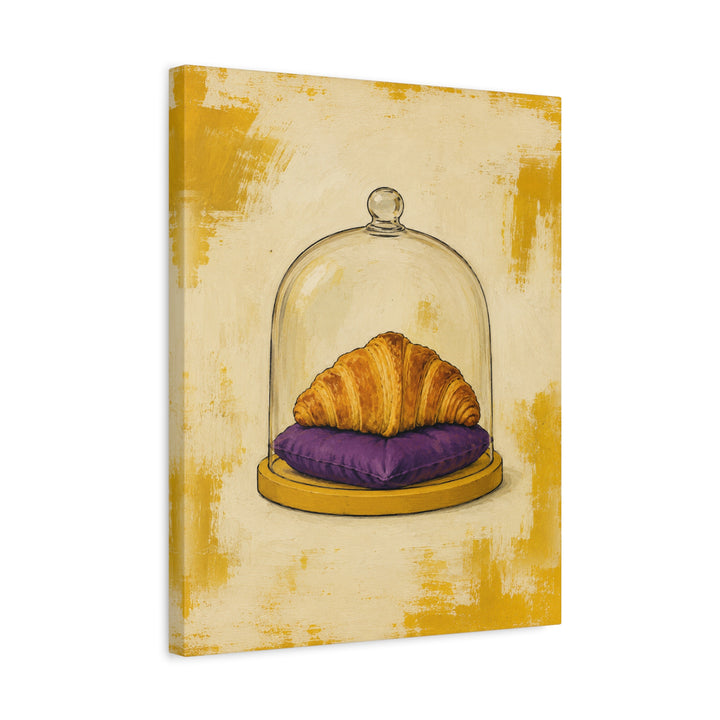 Emotional Support Croissant – Weird Wall Art with a Pastry on a Velvet Cushion – Canvas / Framed Canvas