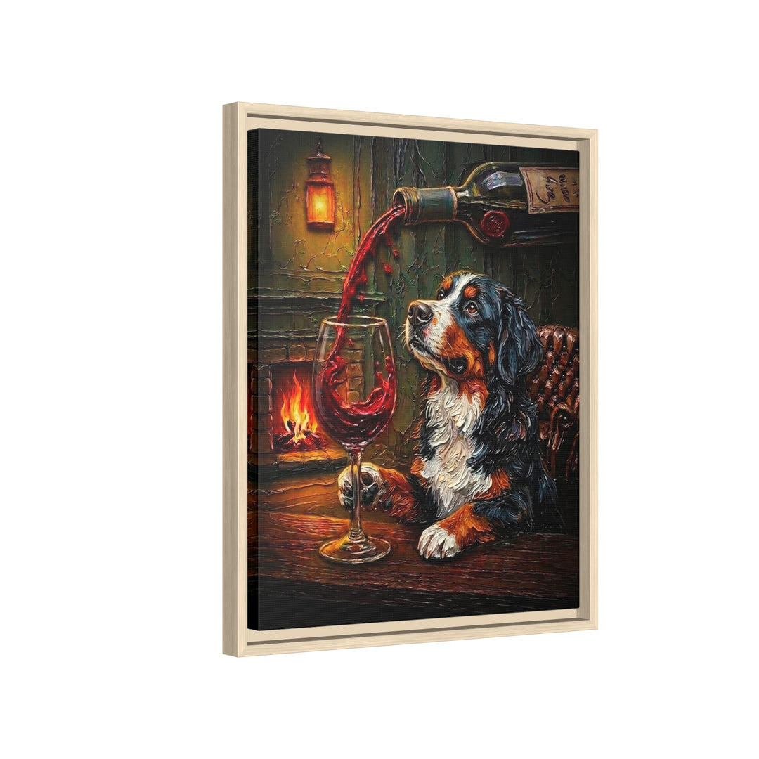 "Wine & Woof" - Bernese Mountain Dog Vertical Framed Canvas - Dog Lover Wall Art