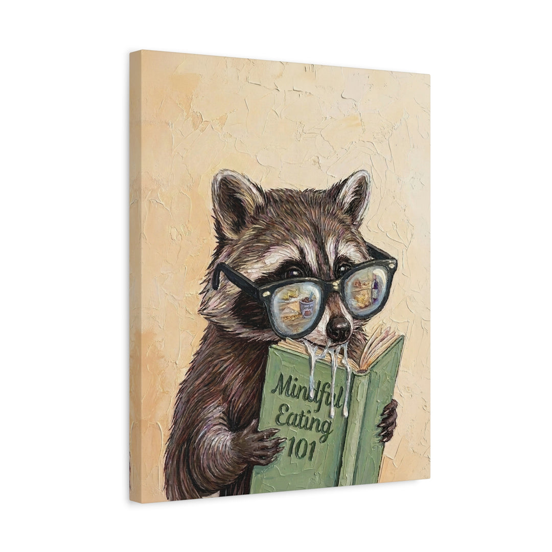 "Mindful Eating" - Raccoon Vertical Canvas - Animal Book Humor Wall Art