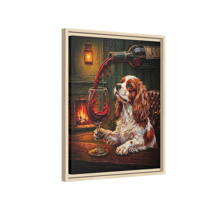 "Wine & Woof" - Cavalier King Charles Vertical Framed Canvas - Dog Lover Wall Art
