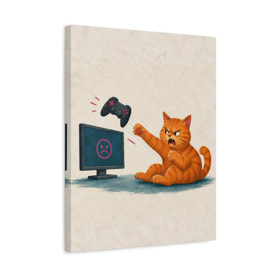 Rage Quit – Gaming Wall Art with a Cat Sending a Pad Flying – Canvas / Framed Canvas