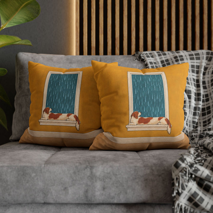 Rainy Day Watch – Dog Wall Art with a Long Dog on the Windowsill – Pillow / Cover