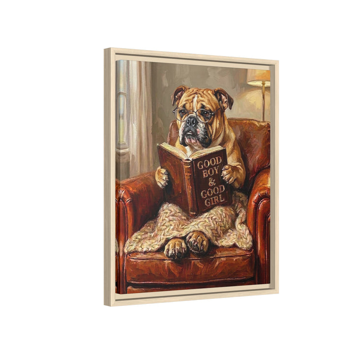 "Evening Read" - English Bulldog Vertical Framed Canvas - Dog Lover Wall Art